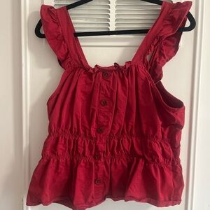 Red Sleeveless Button-Up Tank Top 100% Cotton Denim Material Stretch Waist Shirt